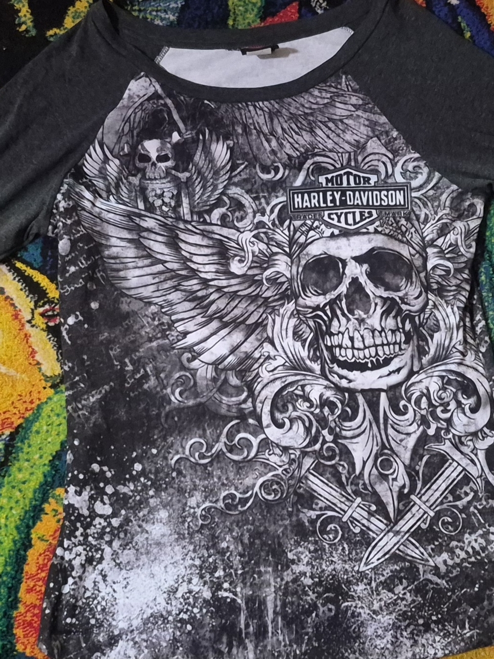 Harley-Davidson Black & Gray Winged Skull Raglan Long Sleeve Tee